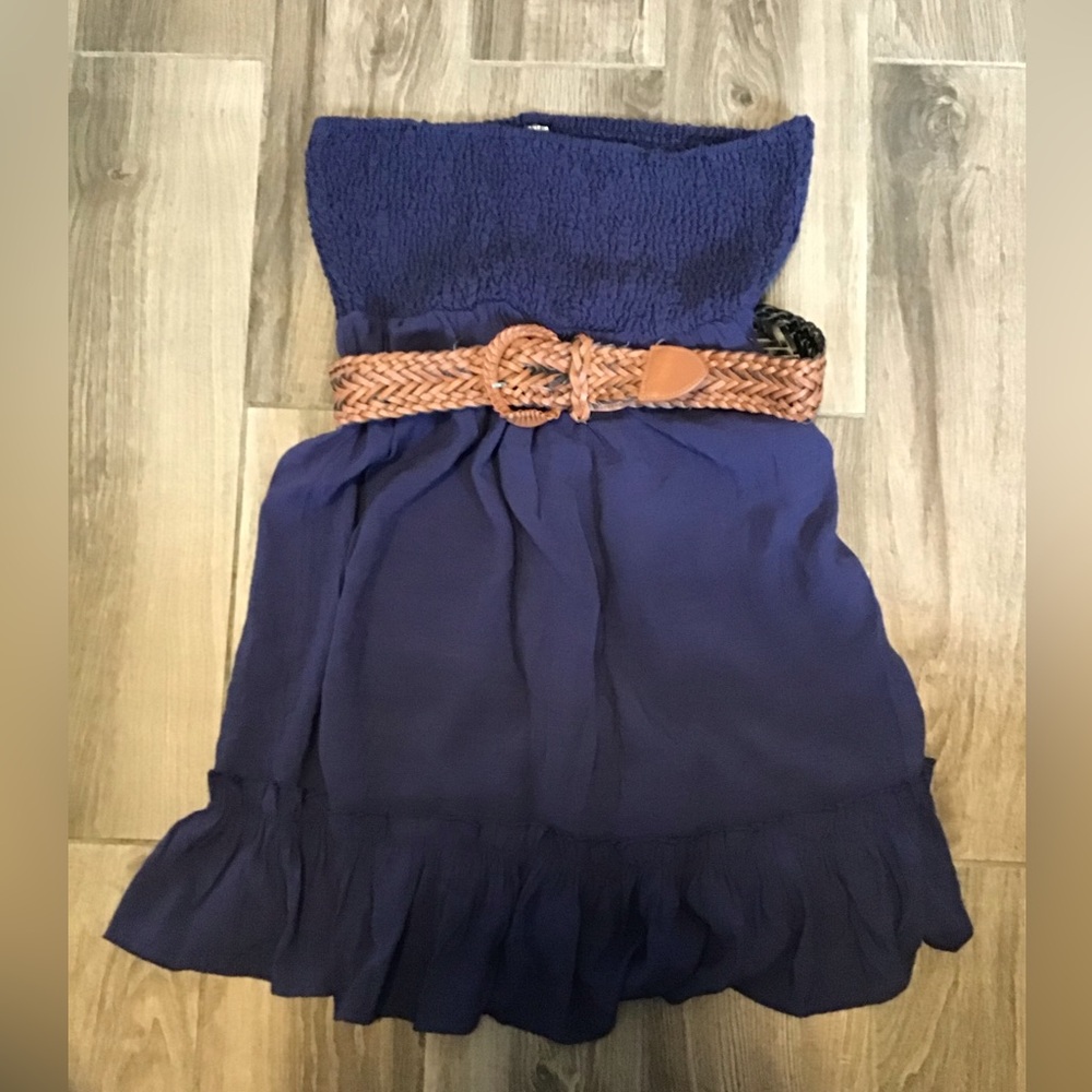 SHEIN Strapless Navy Dress with Braided Tan Belt